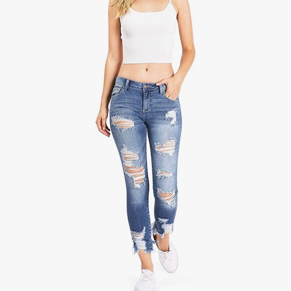 Cello Jeans Women's Juniors Mid Rise Distressed Skinny Jeans